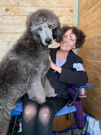 a woman sitting in a chair with a grey poodle